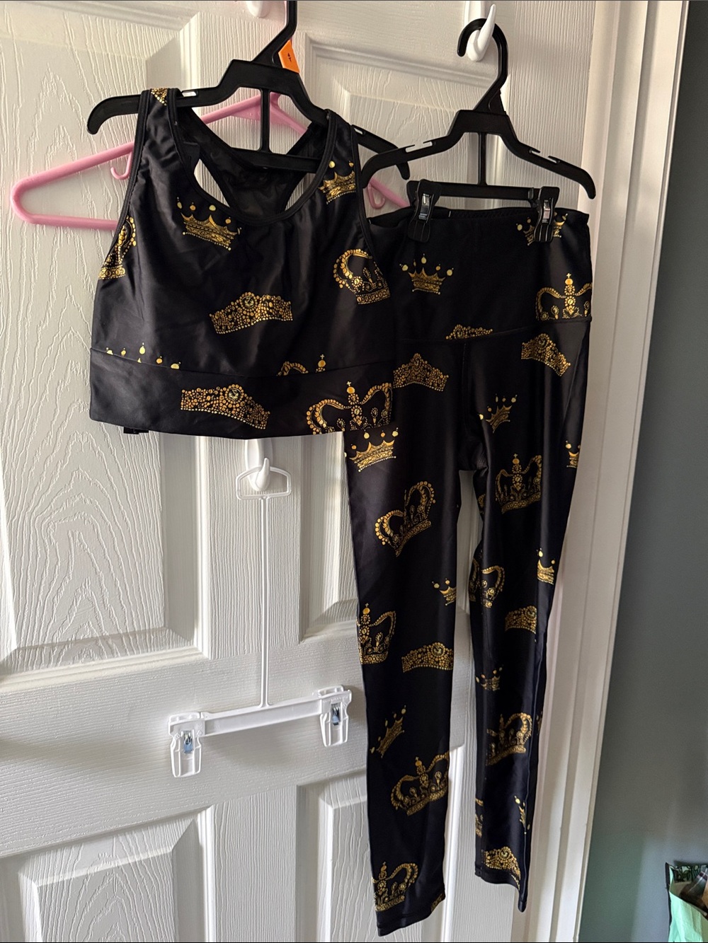 Victoria's Secret Black and Gold Crown Print Active Set